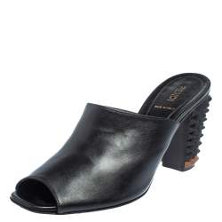 Pre Owned Fendi Black Leather Pyramid Stud Mules Sandals Size 38