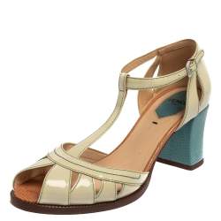 Pre Owned Fendi White/Blue Cut-Out Patent Leather And Lizard Block Heel Peep Toe Sandals Size 38.5