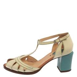 مملوكة مسبقًا Fendi White/Blue Cut-Out Patent Leather And Lizard Block Heel Peep Toe Sandals Size 38.5