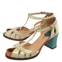 مملوكة مسبقًا Fendi White/Blue Cut-Out Patent Leather And Lizard Block Heel Peep Toe Sandals Size 38.5
