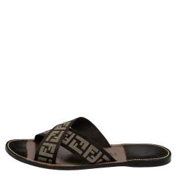 Pre Owned Fendi Black/White Canvas FF Logo Flat Sandals Size 45