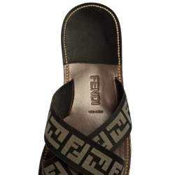 Pre Owned Fendi Black/White Canvas FF Logo Flat Sandals Size 45