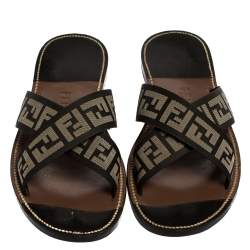 Pre Owned Fendi Black/White Canvas FF Logo Flat Sandals Size 45