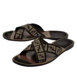 Pre Owned Fendi Black/White Canvas FF Logo Flat Sandals Size 45