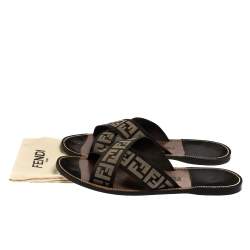 Pre Owned Fendi Black/White Canvas FF Logo Flat Sandals Size 45