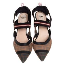 Pre Owned Fendi Brown Zucca Mesh And Leather Colibri Slingback Sandals Size 40