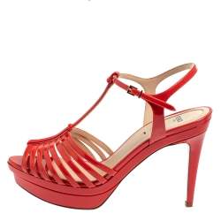 Pre Owned Fendi Red Patent Leather Favorite T-Strap Platform Sandals Size 39
