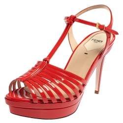 Pre Owned Fendi Red Patent Leather Favorite T-Strap Platform Sandals Size 39