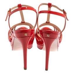 Pre Owned Fendi Red Patent Leather Favorite T-Strap Platform Sandals Size 39