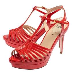 Pre Owned Fendi Red Patent Leather Favorite T-Strap Platform Sandals Size 39