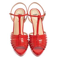 Pre Owned Fendi Red Patent Leather Favorite T-Strap Platform Sandals Size 39