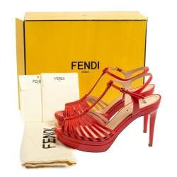 Pre Owned Fendi Red Patent Leather Favorite T-Strap Platform Sandals Size 39