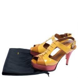 Pre Owned Fendi Yellow Patent Leather And Lizard Embossed Leather Fendista Platform Slingback Sandals Size 40