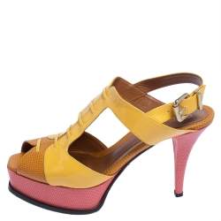 Pre Owned Fendi Yellow Patent Leather And Lizard Embossed Leather Fendista Platform Slingback Sandals Size 40