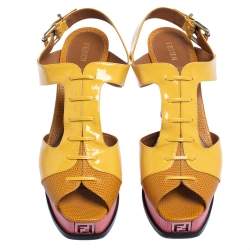 Pre Owned Fendi Yellow Patent Leather And Lizard Embossed Leather Fendista Platform Slingback Sandals Size 40