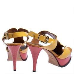 Pre Owned Fendi Yellow Patent Leather And Lizard Embossed Leather Fendista Platform Slingback Sandals Size 40