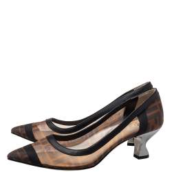 Pre Owned Fendi Brown/Black Zucca Mesh And Leather Colibri Pointed Toe Pumps Size 38.5
