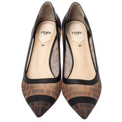Pre Owned Fendi Brown/Black Zucca Mesh And Leather Colibri Pointed Toe Pumps Size 38.5