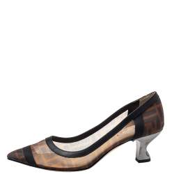 Pre Owned Fendi Brown/Black Zucca Mesh And Leather Colibri Pointed Toe Pumps Size 38.5