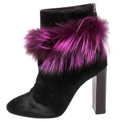 Pre Owned Fendi Pink/Black Pony Hair and Fur Trimmed Ankle Boots Size 38