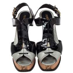 Pre Owned Fendi Multicolor Patent Leather and Leather Slingback Platform Sandals Size 39.5