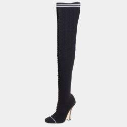 Fendi Black Knit Fabric Over the Knee Boots Size 39