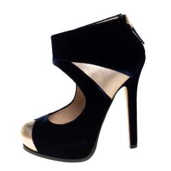Fendi Blue/Gold Leather And Velvet Ankle Booties Size 38.5