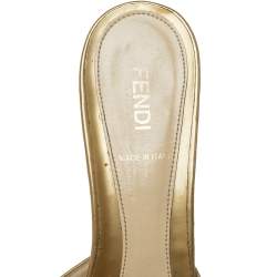 Pre Owned Fendi Gold Patent Leather FF Superstar Peep Toe Mule Slides Size 39