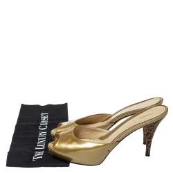 Pre Owned Fendi Gold Patent Leather FF Superstar Peep Toe Mule Slides Size 39