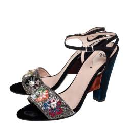Pre Owned Fendi Multicolor Velvet And Satin Embroidered Ankle Strap Sandals Size 41