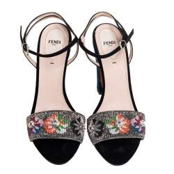 Pre Owned Fendi Multicolor Velvet And Satin Embroidered Ankle Strap Sandals Size 41