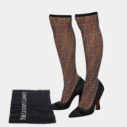 Pre Owned Fendi Black/Beige Zucca Mesh And Fabric Colibri Knee Length Boots Size 39