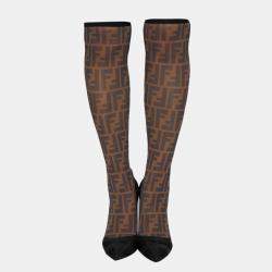 Pre Owned Fendi Black/Beige Zucca Mesh And Fabric Colibri Knee Length Boots Size 39