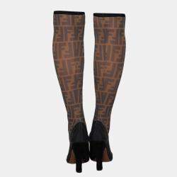 Pre Owned Fendi Black/Beige Zucca Mesh And Fabric Colibri Knee Length Boots Size 39