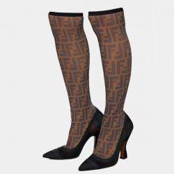 Pre Owned Fendi Black/Beige Zucca Mesh And Fabric Colibri Knee Length Boots Size 39