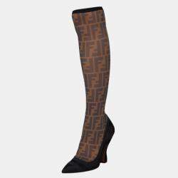 Pre Owned Fendi Black/Beige Zucca Mesh And Fabric Colibri Knee Length Boots Size 39