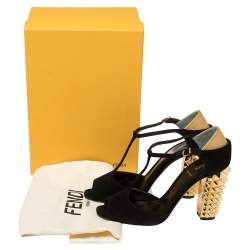 Pre Owned Fendi Black Suede Studded Heel T Strap Sandals Size 39
