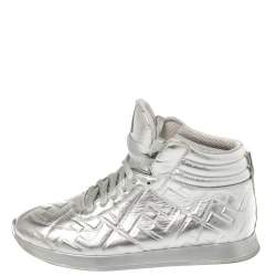 Pre Owned Fendi Silver Leather FF High Top Sneakers Size 38