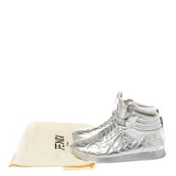 Pre Owned Fendi Silver Leather FF High Top Sneakers Size 38