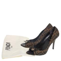 Pre Owned Fendi Brown Zucca Canvas Bow Peep Toe Pumps Size 39