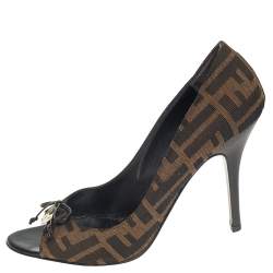 Pre Owned Fendi Brown Zucca Canvas Bow Peep Toe Pumps Size 39