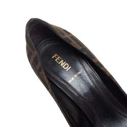 Pre Owned Fendi Brown Zucca Canvas Bow Peep Toe Pumps Size 39