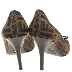 Pre Owned Fendi Brown Zucca Canvas Bow Peep Toe Pumps Size 39