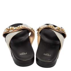 Pre Owned Fendi Silver/Gold Leather Flowerland Slides Size 37