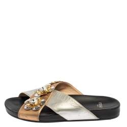 Pre Owned Fendi Silver/Gold Leather Flowerland Slides Size 37
