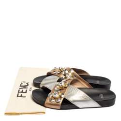 Pre Owned Fendi Silver/Gold Leather Flowerland Slides Size 37