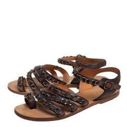 Pre Owned Chanel Brown Leather Chain Flat Sandals Size 37