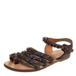 Pre Owned Chanel Brown Leather Chain Flat Sandals Size 37