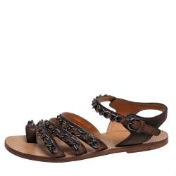 Pre Owned Chanel Brown Leather Chain Flat Sandals Size 37