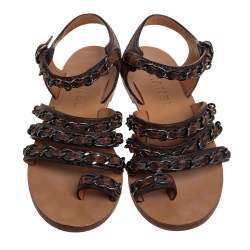 Pre Owned Chanel Brown Leather Chain Flat Sandals Size 37